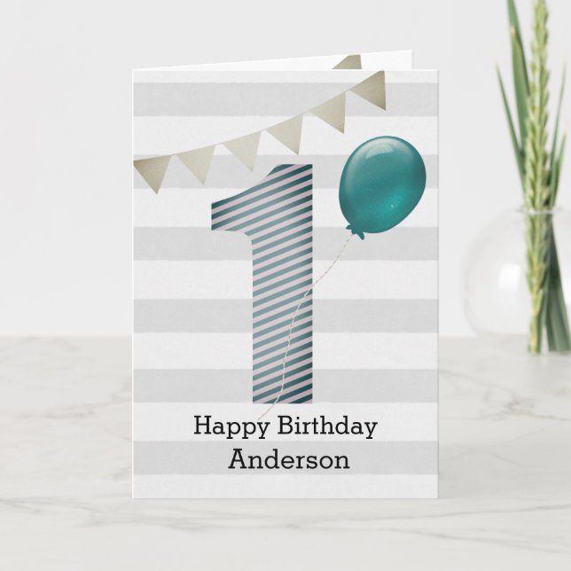 Silver och Blue 1st Birthday Boy Kort (Framsida)