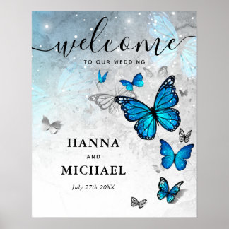 Silver och Blue Butterfly Välkommen Bröllop Poster