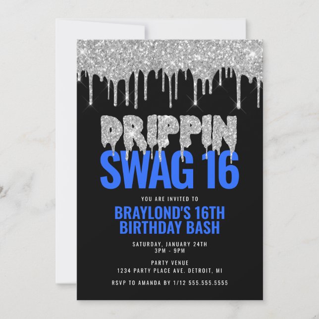 Silver och Blue Drippin Swag 16 Birthday Inbjudningar (Framsida)