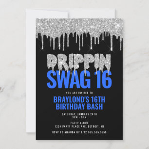 Silver och Blue Drippin Swag 16 Birthday Inbjudningar