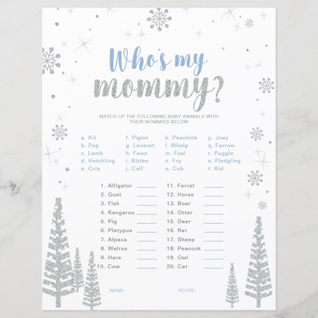 Silver och Blue Winter Wonderland Baby Shower Game (Framsida)