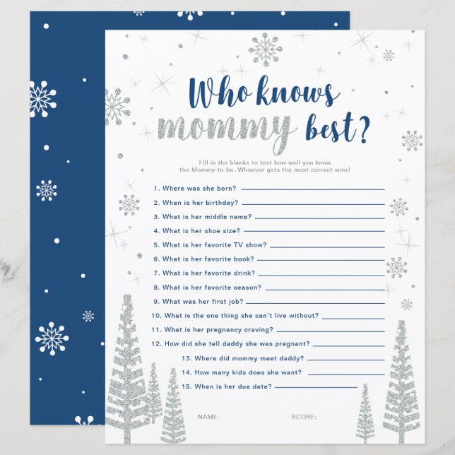 Silver och Blue Winter Wonderland Baby Shower Game (Fram/baksida)