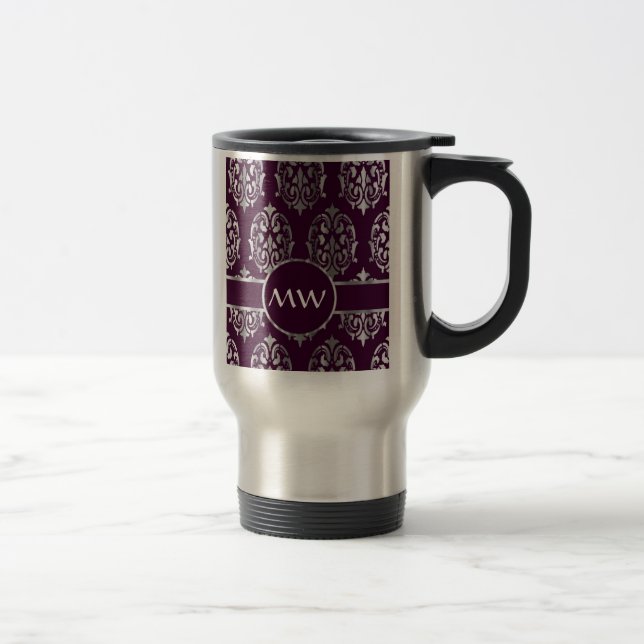 Silver och burgunddammmonogram resemugg (Höger)