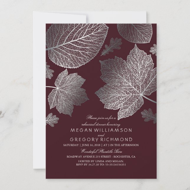 Silver och Burgundy Löv kalldagsmat Inbjudningar (Framsida)