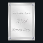 Silver och diamanten verkställer den 70th inbjudningar<br><div class="desc">Dessa eleganta kvinnliga 5 x 7 flytta sig mycket långsamt inbjudan för en 70th födelsedagsfest har en skuggad bakgrund i metalliska silvergrå färg tonar med musikband av att leda i rör i de samma färgerna. Den Sparkling diamantgemstonen verkställer skärborr dekorerar tränga någon och texten: th 70 i en dekorativ silverstilsort...</div>