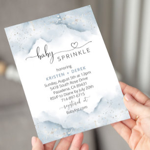 Silver och Dusty Blue Watercolor Baby Sprinkle Inbjudningar