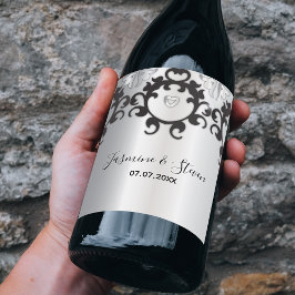 Silver och Elegant av svart glam, Snyggten Bröllop Vinflaska Etikett