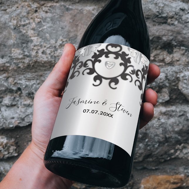 Silver och Elegant av svart glam, Snyggten Bröllop Vinflaska Etikett (Skapare uppladdad)