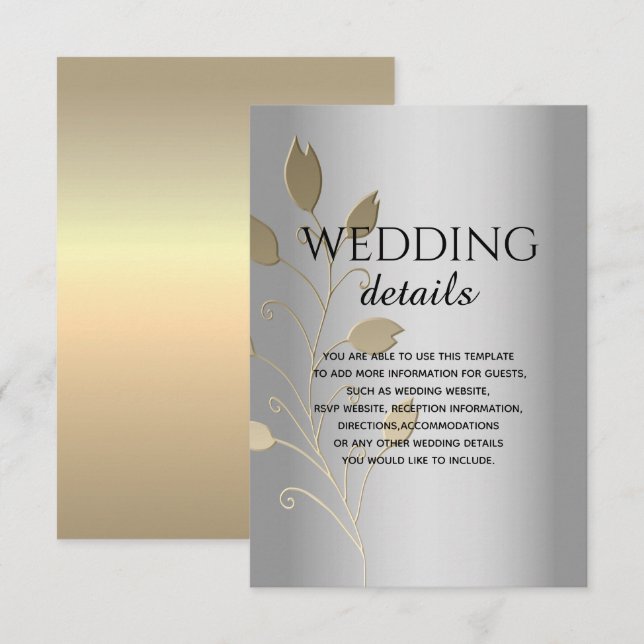 Silver och guld folie blommig vigsel kort detaljer (Fram/baksida)