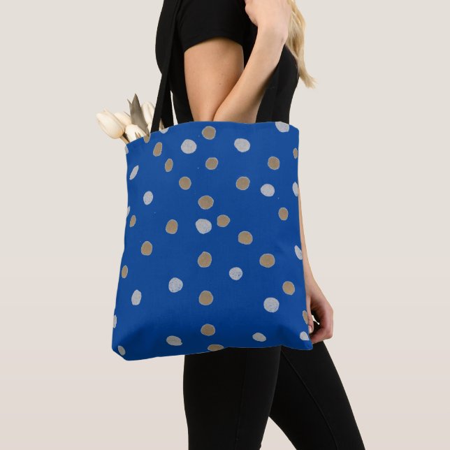 Silver och Guld Polka dots om blått Tygkasse (Närbild)