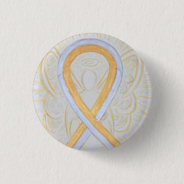 Silver och Guld Ribbon Awareness Angel Stift Knapp (Framsida)