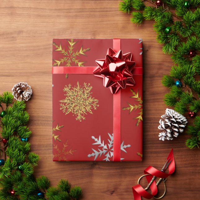 Silver och Guld Snöflingor om Mörk Röd jul Presentpapper (Julgåva)