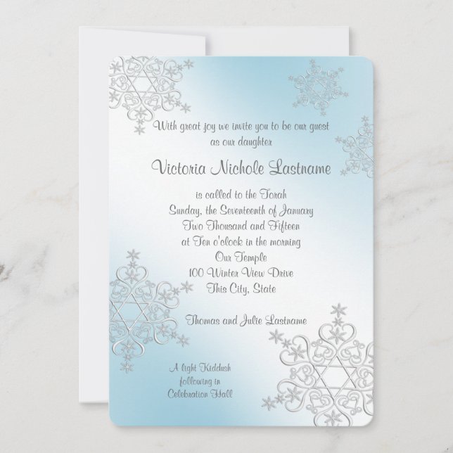 Silver och isblått Snöflingor Bat mitzvah Inbjudningar (Framsida)
