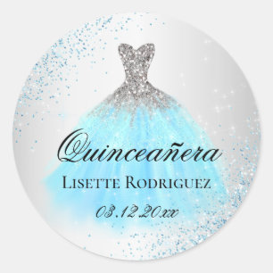 Silver och lätt blå quinceanera runt klistermärke