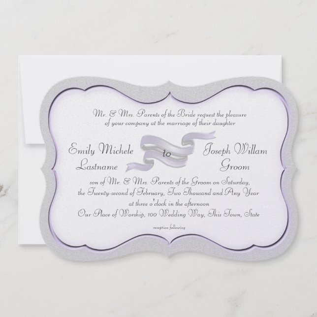 Silver och Lavender Ribbon Banner och Scallops Inbjudningar (Framsida)