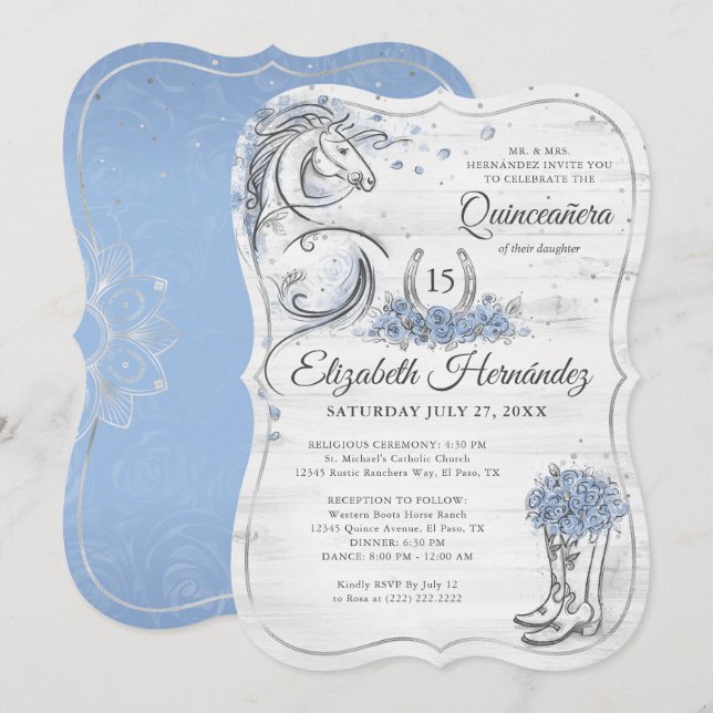 Silver och Light Blue Quince Rustic Horse Birthday Inbjudningar (Fram/baksida)