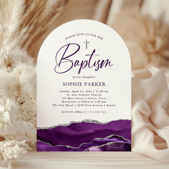 Silver och Lila Agate och Kor | Baptism Inbjudningar (Skapare uppladdad)