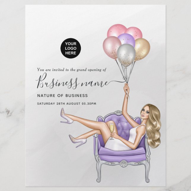Silver och Lila Balloon Party Girl Grand Open Reklamblad (Framsidan)
