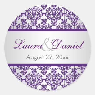 Silver och Lila Damask 1,5-tums Bröllop-sticker Runt Klistermärke