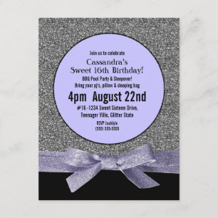 Silver och Lila Faux Glitter Girly Party Inbjudningar