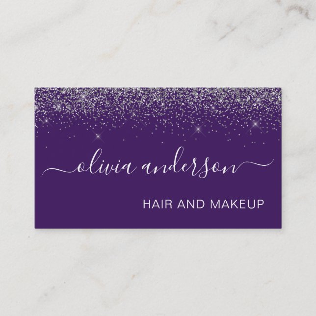 Silver och Lila Glitter Hair Makeup Salon Visitkort (Framsida)
