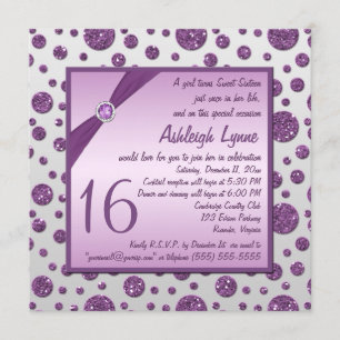 Silver och Lila Glitter Polka Dot Sweet sixteen Inbjudningar