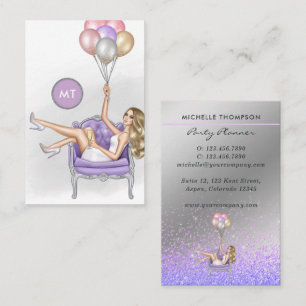 Silver och Lila Monogram Balloon Party Girl Visitkort