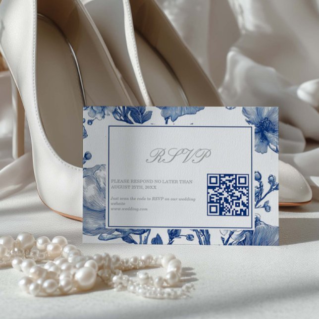 Silver och marinblå bröllops QR-kod RSVP-kort OSA Kort (Skapare uppladdad)