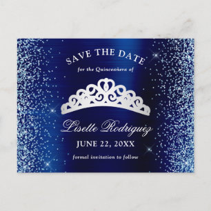 Silver Och Marinblå Quinceanera Spara Datumet Vykort