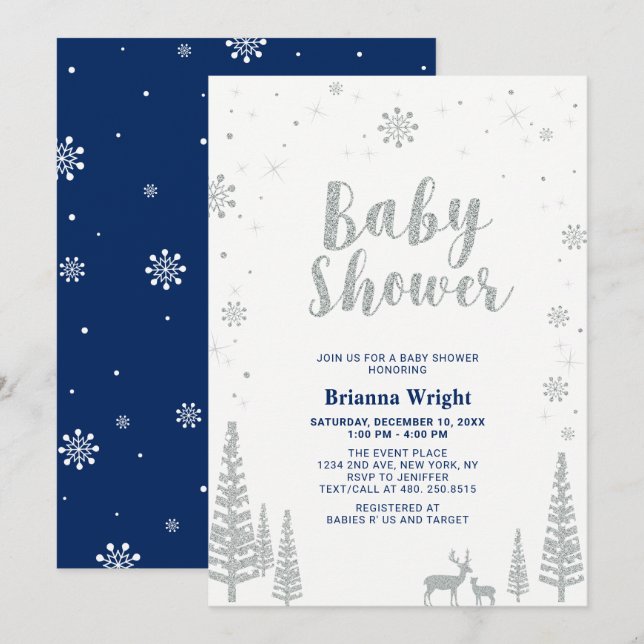 Silver och marinens vinter Wonderland Boy Shower Inbjudningar (Fram/baksida)