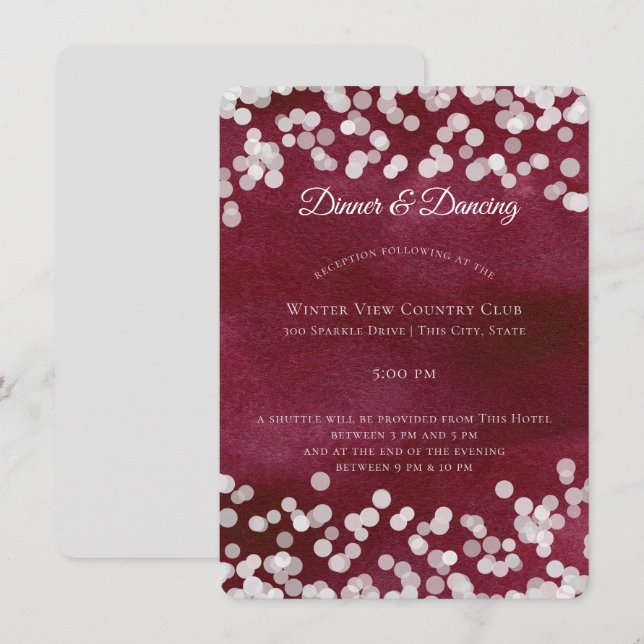 Silver och Maroon Bokeh Gnistra bröllopsmottagning Inbjudningar (Fram/baksida)
