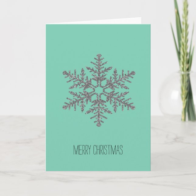 Silver och Mint Faux Glitter Snowflake Helgkort (Framsida)