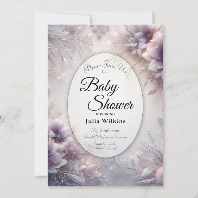 Silver och Mjuk Amethyst Vinter Bebis Shower Inbjudningar (Framsida)