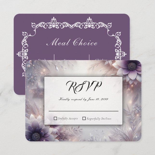 Silver och Mjuk Amethyst Vinterblommor Bröllop OSA Kort (Fram/baksida)