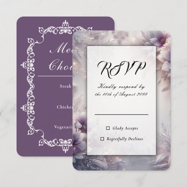 Silver och Mjuk Amethyst Vinterblommor Bröllop OSA Kort (Fram/baksida)