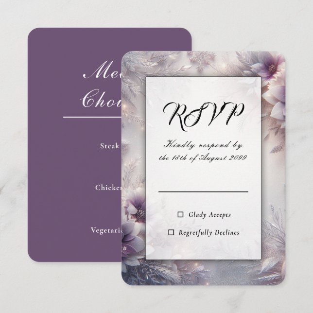 Silver och Mjuk Amethyst Vinterblommor Bröllop OSA Kort (Fram/baksida)