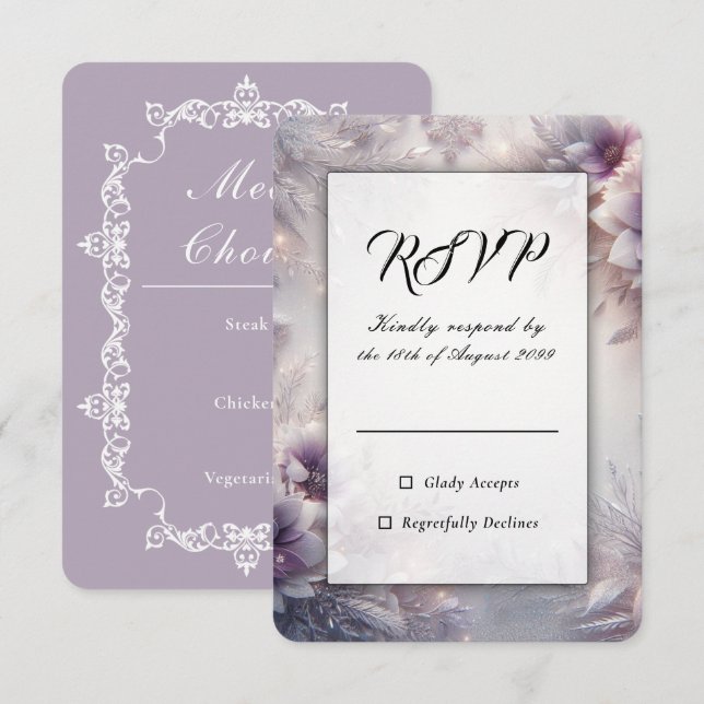 Silver och Mjuk Amethyst Vinterblommor Bröllop OSA Kort (Fram/baksida)