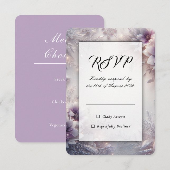 Silver och Mjuk Amethyst Vinterblommor Bröllop OSA Kort (Fram/baksida)
