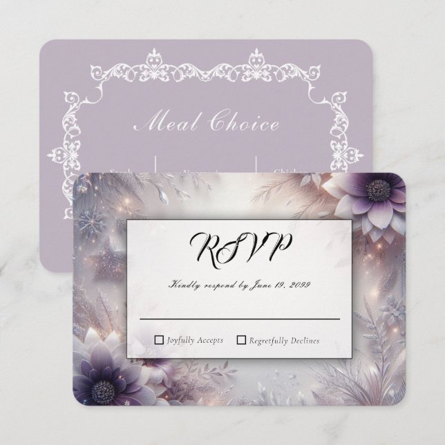 Silver och Mjuk Amethyst Vinterblommor Bröllop OSA Kort (Fram/baksida)