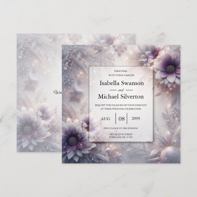 Silver och mjuka ametist vinterblommor bröllop inbjudningar (Fram/baksida)