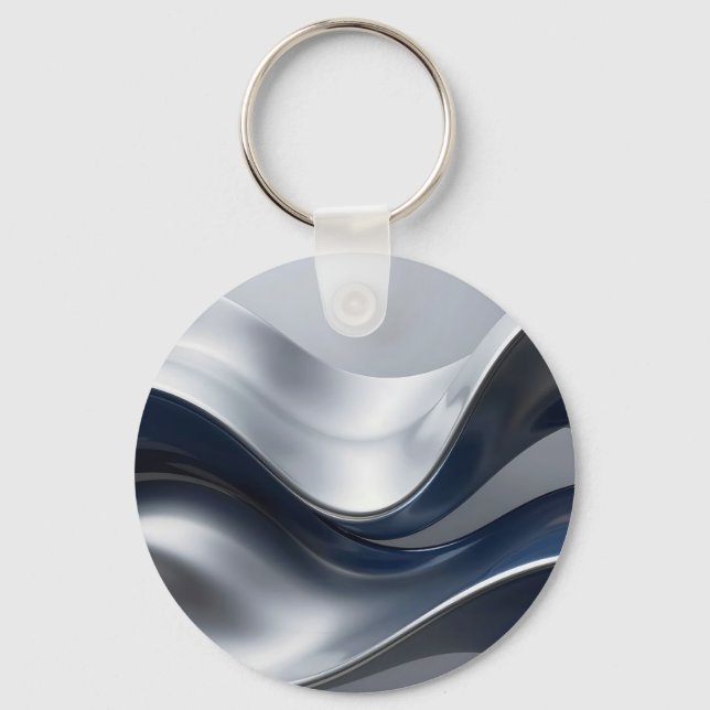 Silver Och Navyblå Vätskevågor Abstrakt Modern Des Nyckelring (Framsida)