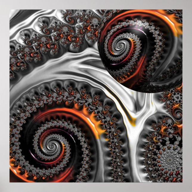 Silver och Orange Mandelbrot med Sphere Poster (Framsidan)