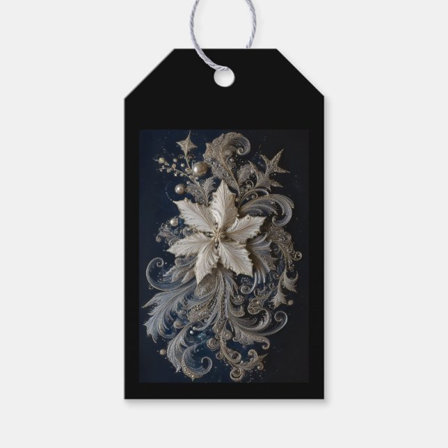 Silver och Pearl Poinsettia Embroidery Presentetikett (Framsidan)