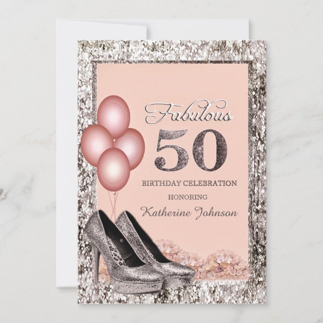 Silver och persika 50-års födelsedagsinbjudan inbjudningar (Framsida)