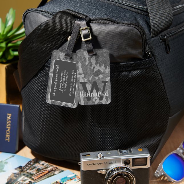 Silver och Pewter Camouflage Glitter Monogrammed Bagagebricka (Fram & Baksida)