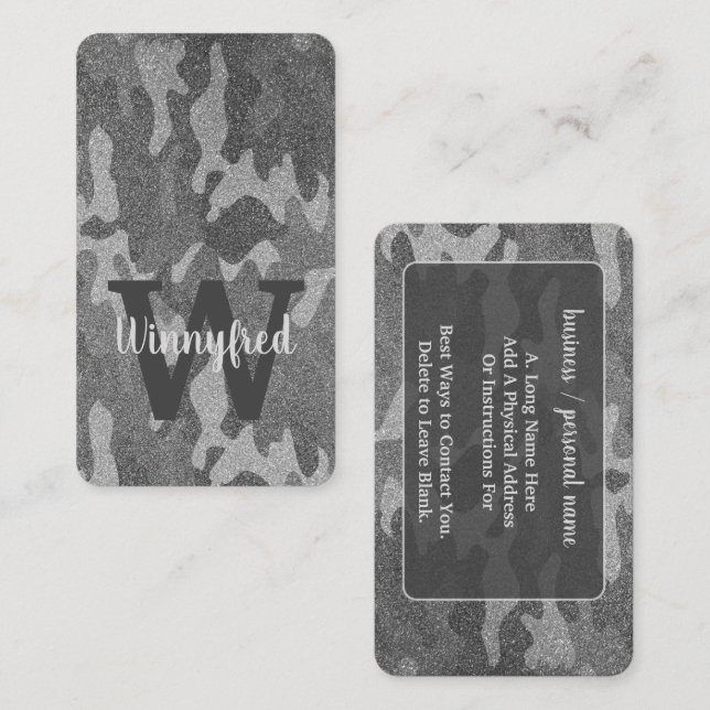 Silver och Pewter Camouflage Glitter Monogrammed Visitkort (Fram/baksida)