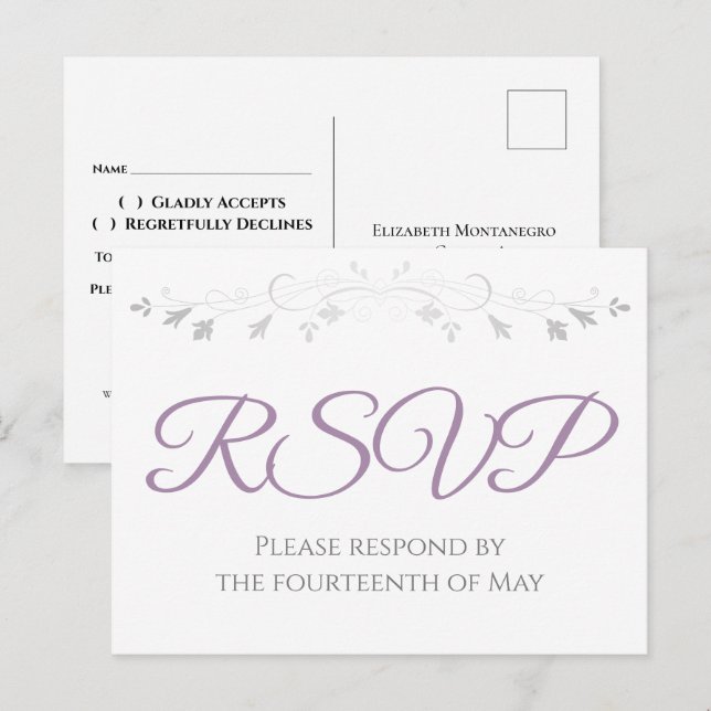 Silver och Purple Enkel Elegans Bröllops RSVP Vykort (Fram/baksida)