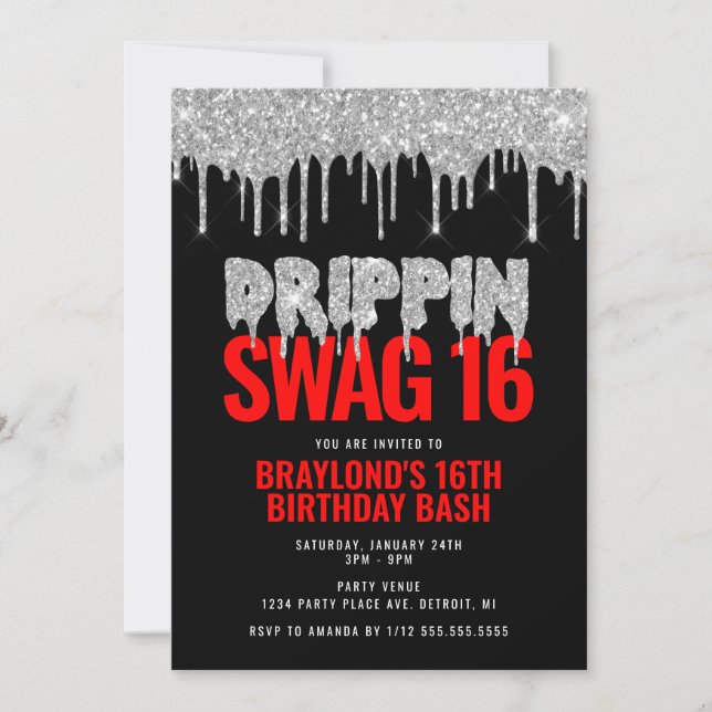 Silver och Red Drippin Swag 16 Birthday Inbjudningar (Framsida)
