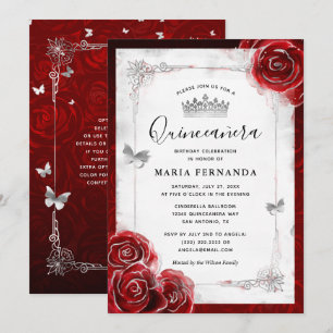 Silver och Röd ros Elegant Quinceanera Inbjudningar