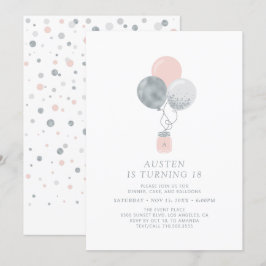 Silver och Rosa Ballonger Modern 18:e Födelsedagsf Inbjudningar